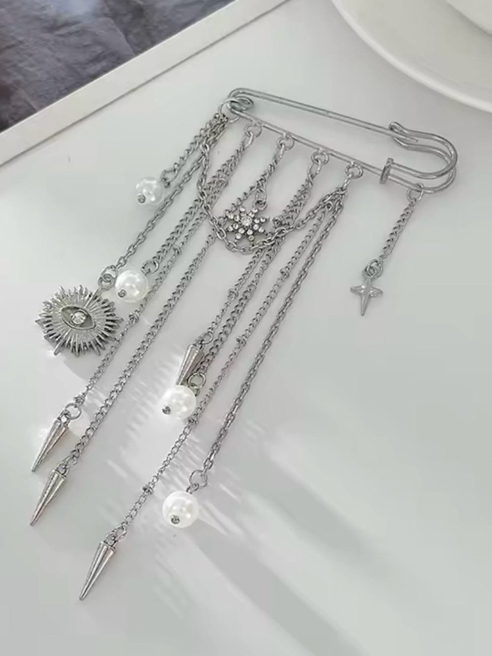 Safety Pin Brooch, Multi Chain, Pearl, Sunburst, Lapel Pin.